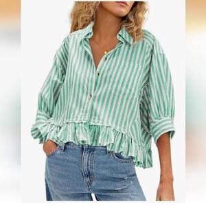 Striped Ruffle-Hem Button-Up Top - Green XL